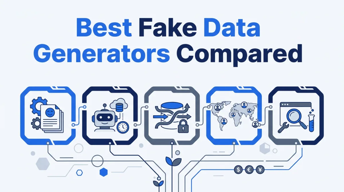Illustration for this article: Compare Faker.js, Python Faker, Bogus, Mockaroo, randomuser.me and Fakenamely by schema control, photos, export limits and reproducibility.