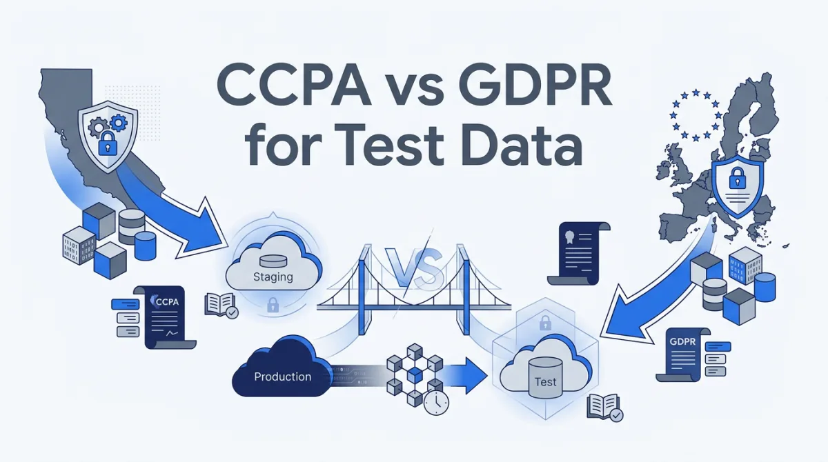 Illustration for this article: CCPA/CPRA vs GDPR for test and staging data: how each law treats personal data in non-production, with citations to GDPR articles and California code.