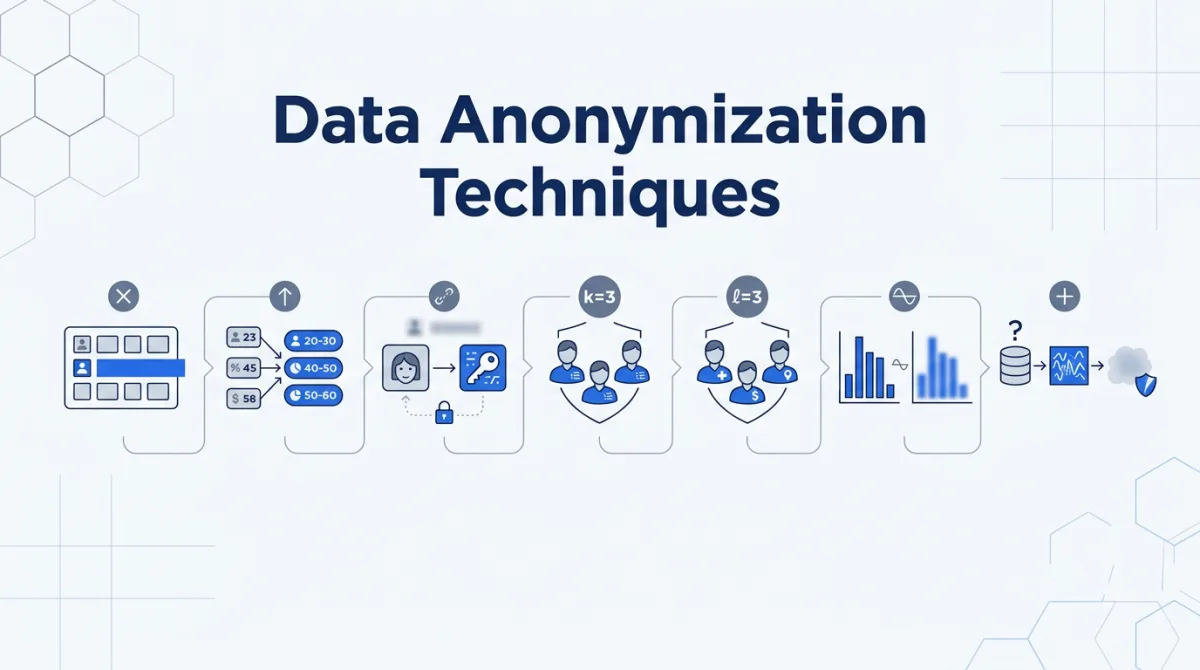 Illustration for this article: Data anonymization techniques compared: suppression, generalization, pseudonymization, k-anonymity, l-diversity, t-closeness, and differential privacy.