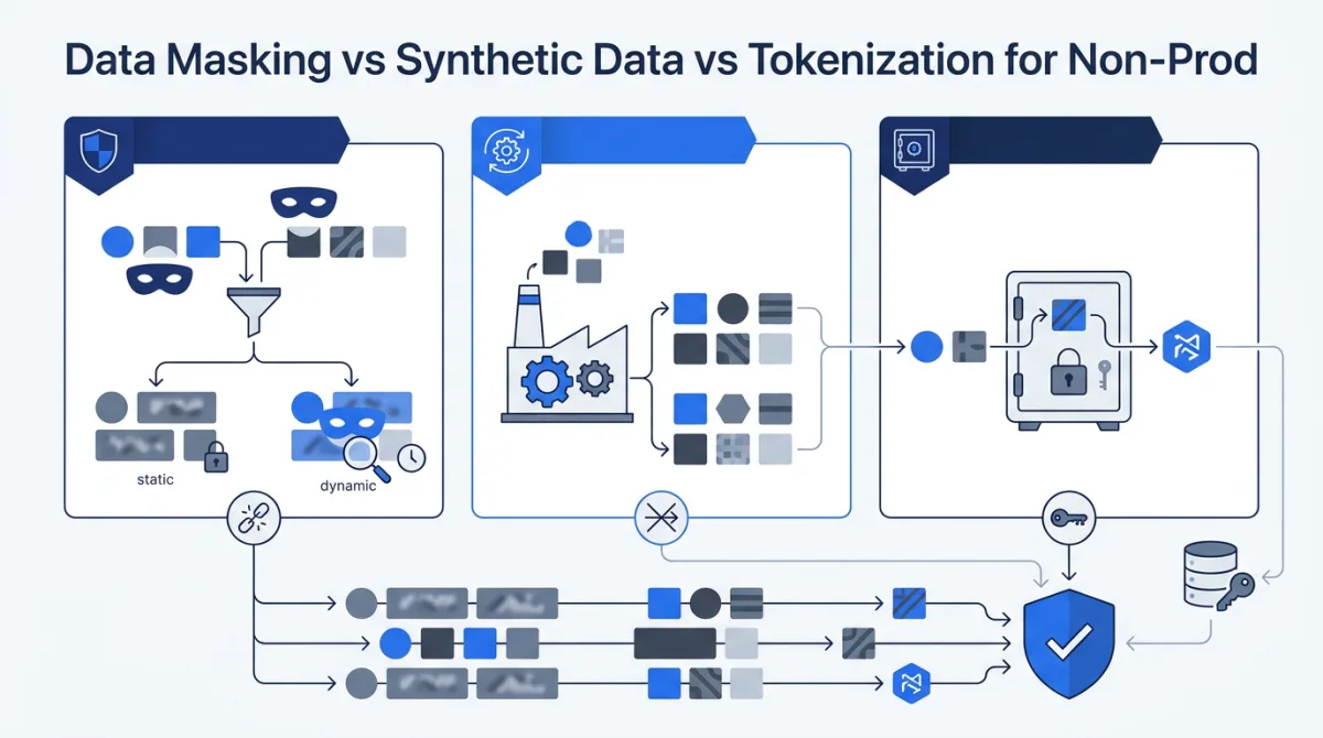 Illustration for this article: Compare data masking and tokenization with examples, reversibility, joins and test-data use cases. See when generated synthetic records are a better fit.