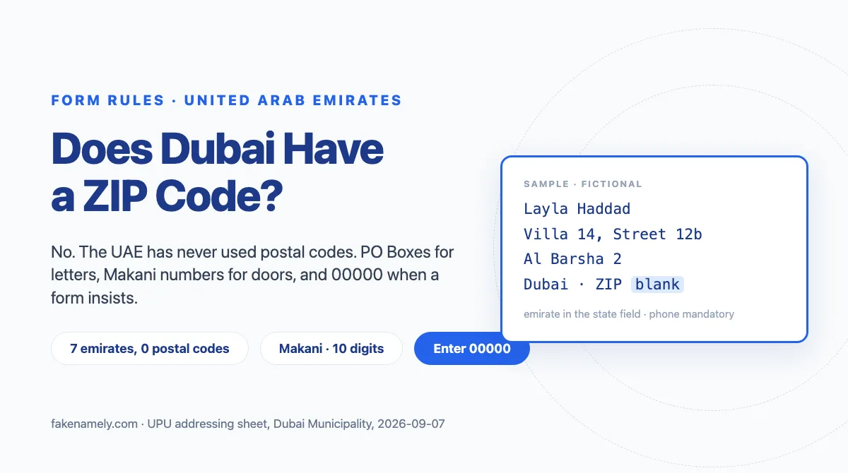 Illustration for this article: No. Dubai and the UAE have no postal codes. What to type when a form insists (00000), how PO Box, Makani and Onwani addresses work, and rules for checkouts.
