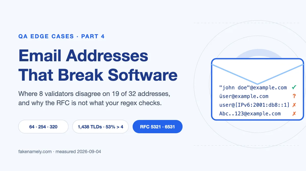 Illustration for this article: Quoted local parts, IPv6 literals, the 64/254-character limits, 769 TLDs a {2,4} regex rejects: 32 email validation edge cases tested against 8 validators.