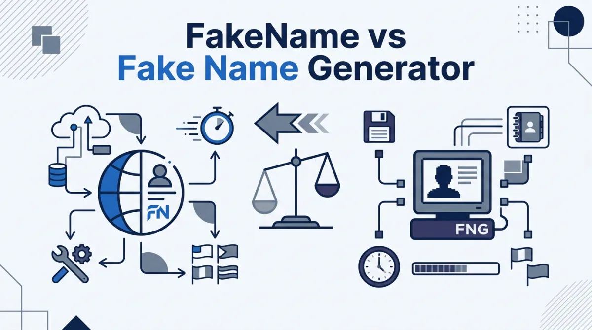 Illustration for this article: An objective comparison of Fakenamely and the 2006-era Fake Name Generator: features, country breadth, developer tools, speed, and which to use.