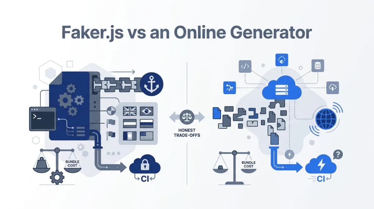 Illustration for this article: When to install Faker.js and when a hosted generator is the better call. Determinism, locale coverage, bundle cost, CI behaviour and the honest trade-offs.