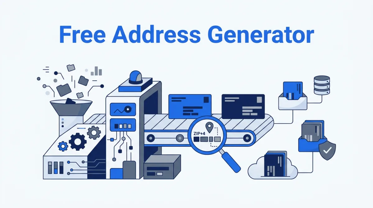 Illustration for this article: How a free address generator builds structurally-valid-but-fictional US addresses — USPS Pub 28 anatomy, ZIP logic, use cases, and how to pick a good one.