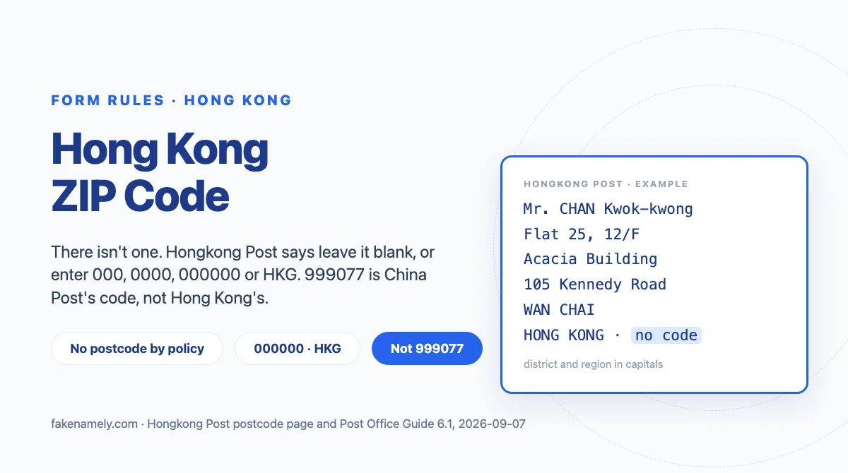 Illustration for this article: Hong Kong has no ZIP or postal code. Hongkong Post says leave the field blank or use 000, 0000, 000000 or HKG. What 999077 is, plus the address format.