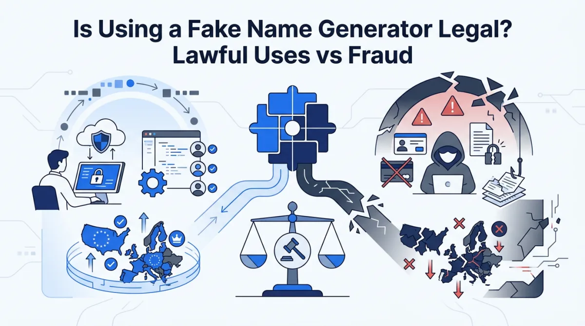 Illustration for this article: Fake name generators are legal in the US, EU, and UK; legality turns on use. A jurisdiction breakdown of lawful testing and privacy uses versus fraud.