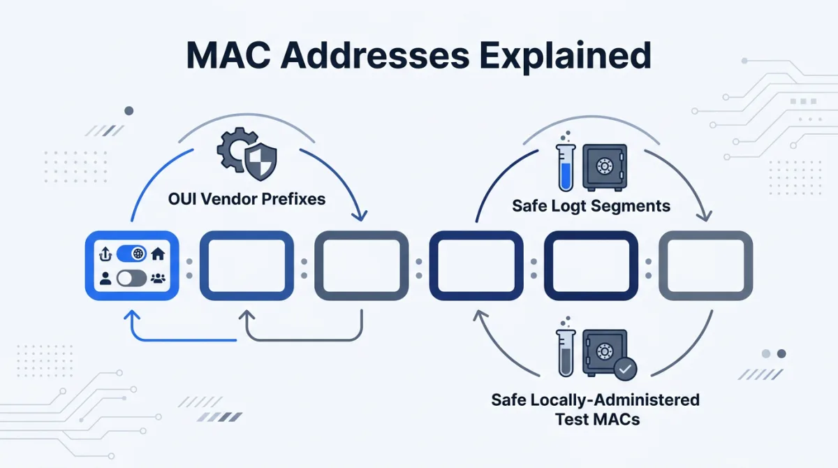 Illustration for this article: Read a 48-bit MAC address, distinguish OUI prefixes from local addresses, and use documentation examples with explicit parser and collision rules.