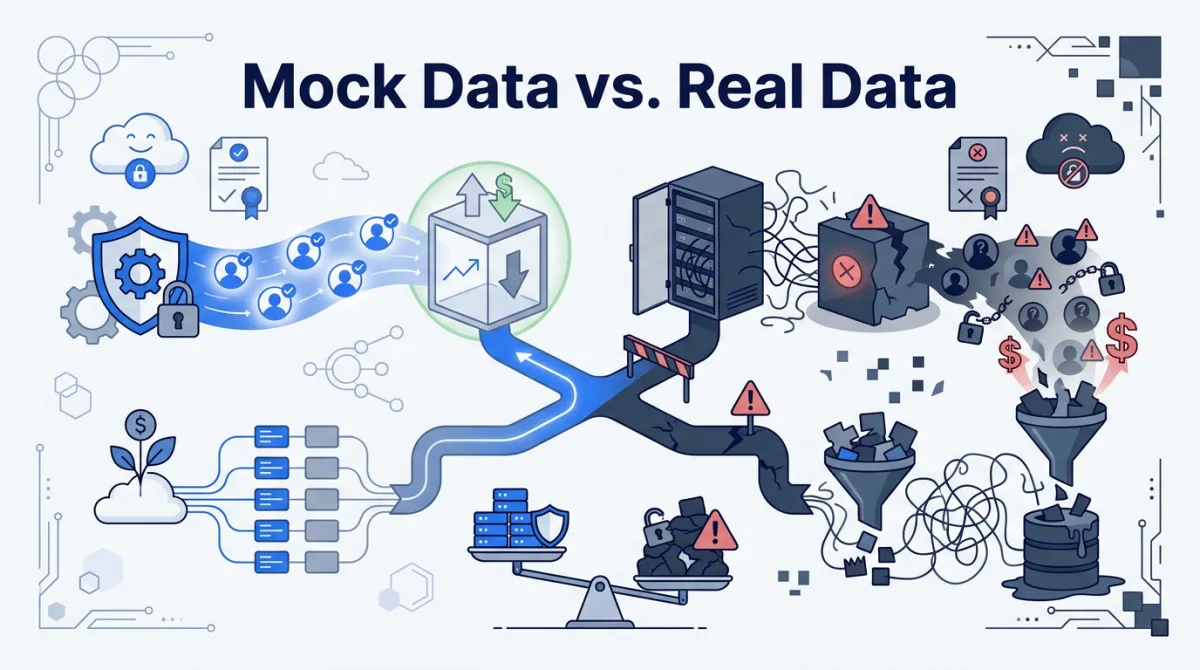 Illustration for this article: Mock data vs real data: why testing with mock and synthetic profiles beats copying production, with a safety, compliance, and cost comparison.