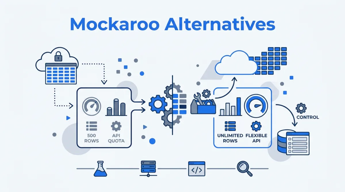 Illustration for this article: An honest look at Mockaroo's free tier limits and when a free alternative fits better. Row caps, API quotas, schema control and what each tool is actually for.