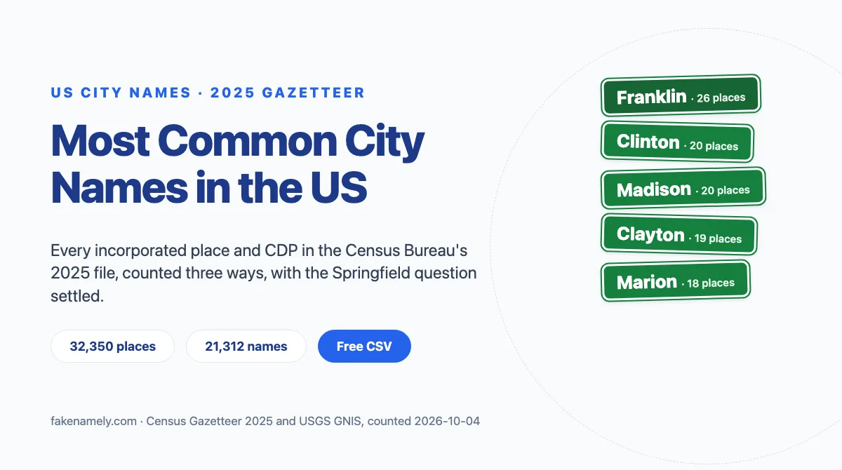 Illustration for this article: Franklin is the most common city name in the US: 26 incorporated places in 25 states. The top 50 from the 2025 Census file, plus the Springfield count.