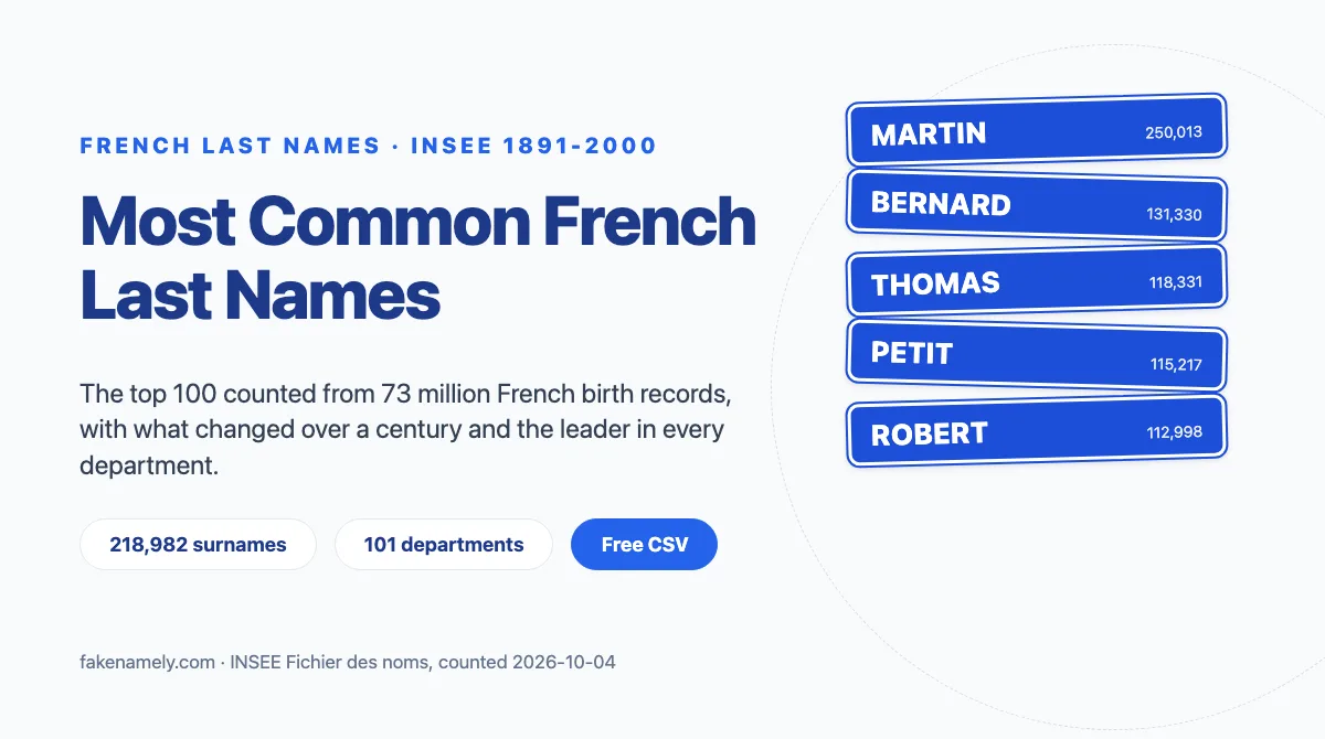 Illustration for this article: Martin is the most common last name in France: 250,013 births since 1891. The top 100 French surnames from INSEE data, with a century of change.