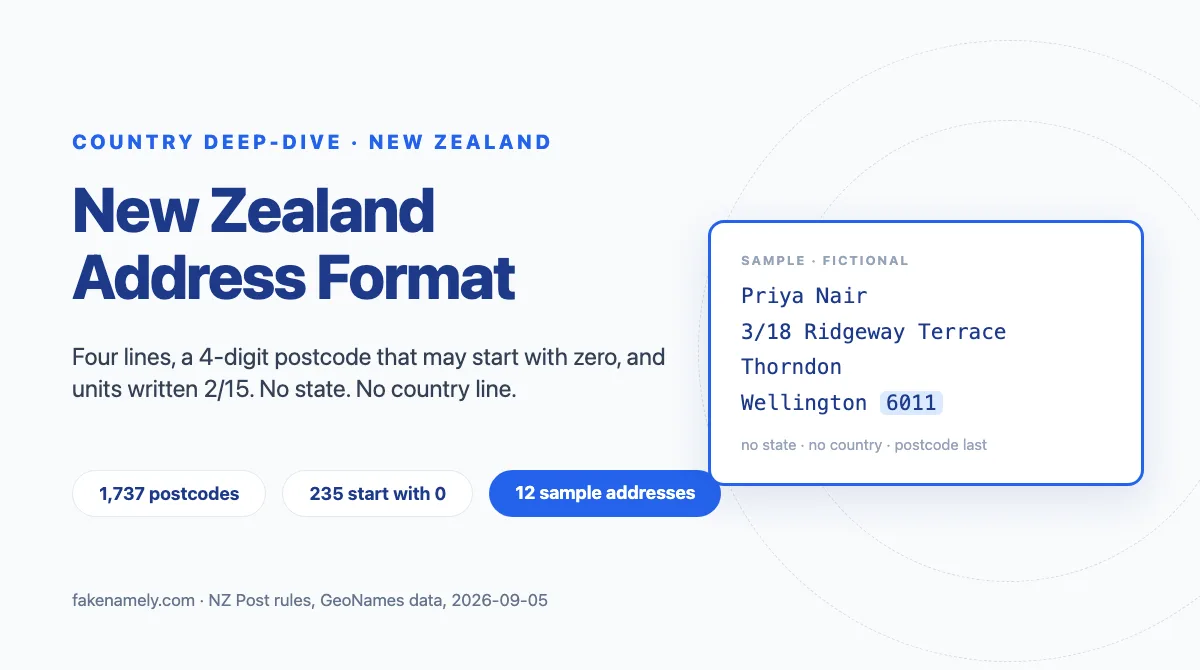Illustration for this article: How a New Zealand address is written: NZ Post's four lines, 4-digit postcodes by region, unit and RD rules, 12 sample addresses and the validation traps.