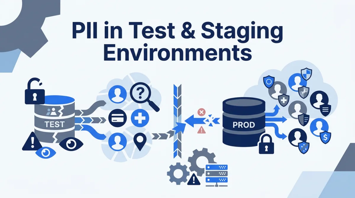 Illustration for this article: PII in test and staging: how to identify personal data in non-production, the risks of copying prod, what GDPR, CCPA, HIPAA, and PCI-DSS require.