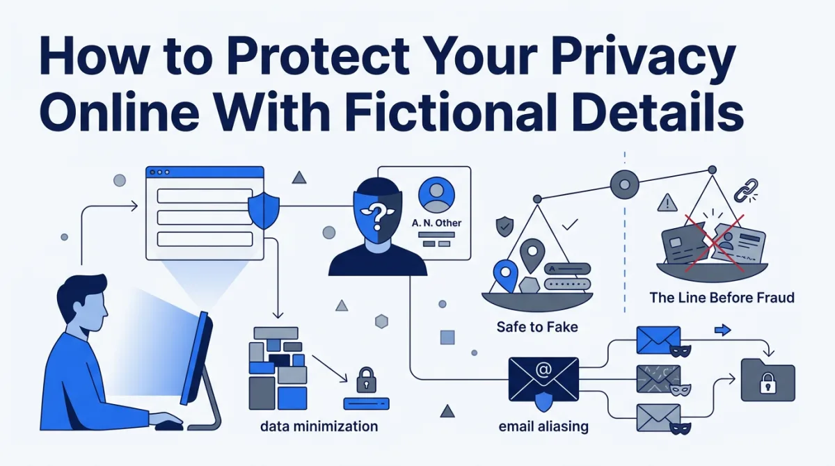 Illustration for this article: Protect your privacy with fictional details on web forms: data minimization, which fields are safe to fake, email aliasing, and the line before fraud.