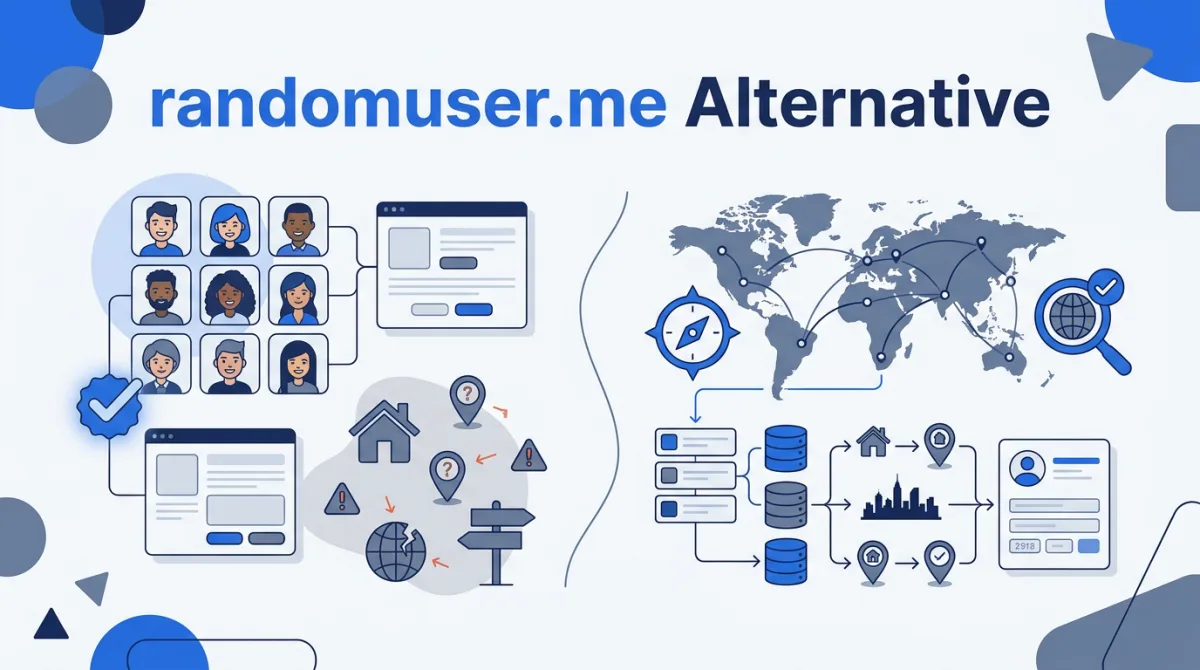 Illustration for this article: Compare randomuser.me and Fakenamely for photo mockups and address fixtures, with a downloadable versioned API sample and explicit validation limits.