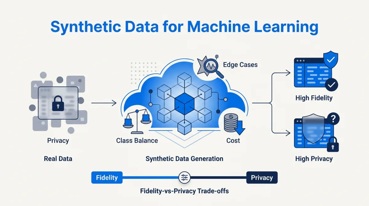 Illustration for this article: Evaluate synthetic ML data with real holdouts, baselines and leakage checks. Distinguish training data from random QA records without invented accuracy claims.