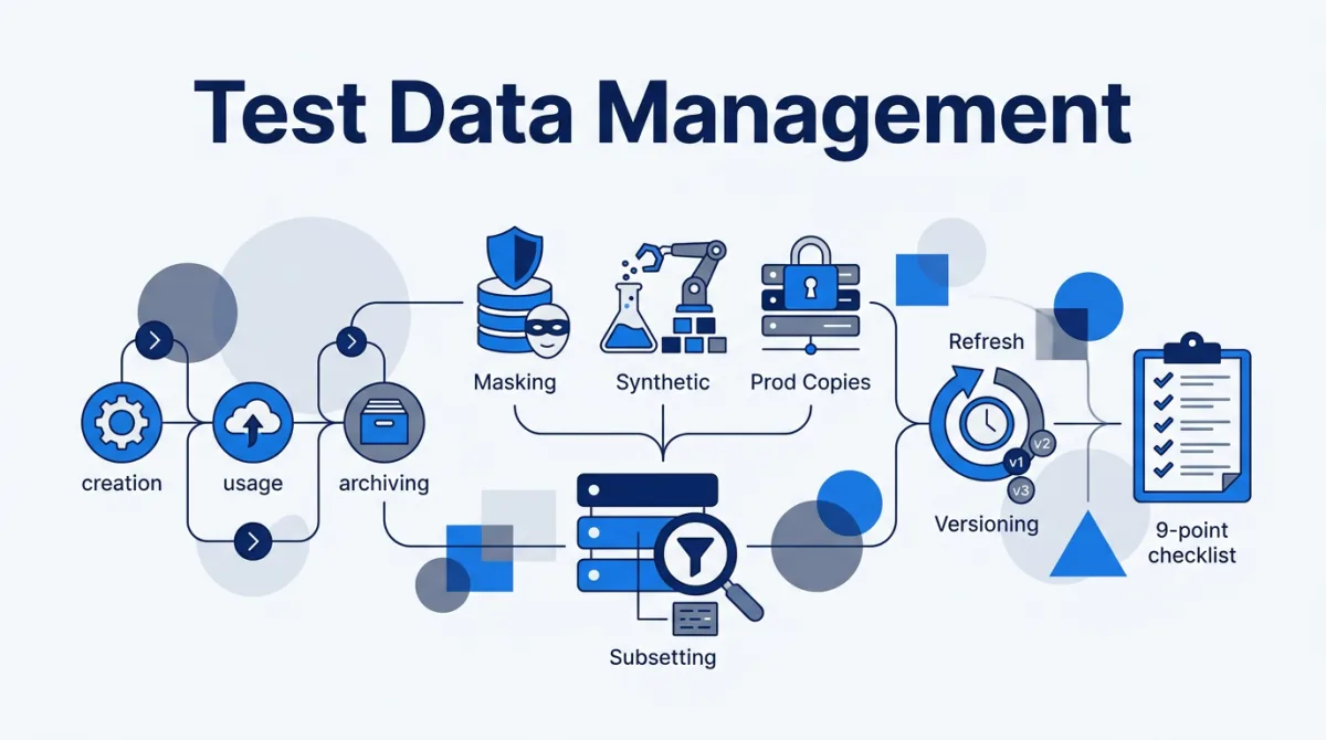Illustration for this article: Test data management best practices: lifecycle stages, masking vs synthetic vs prod copies, subsetting, refresh, versioning, and a 9-point checklist.