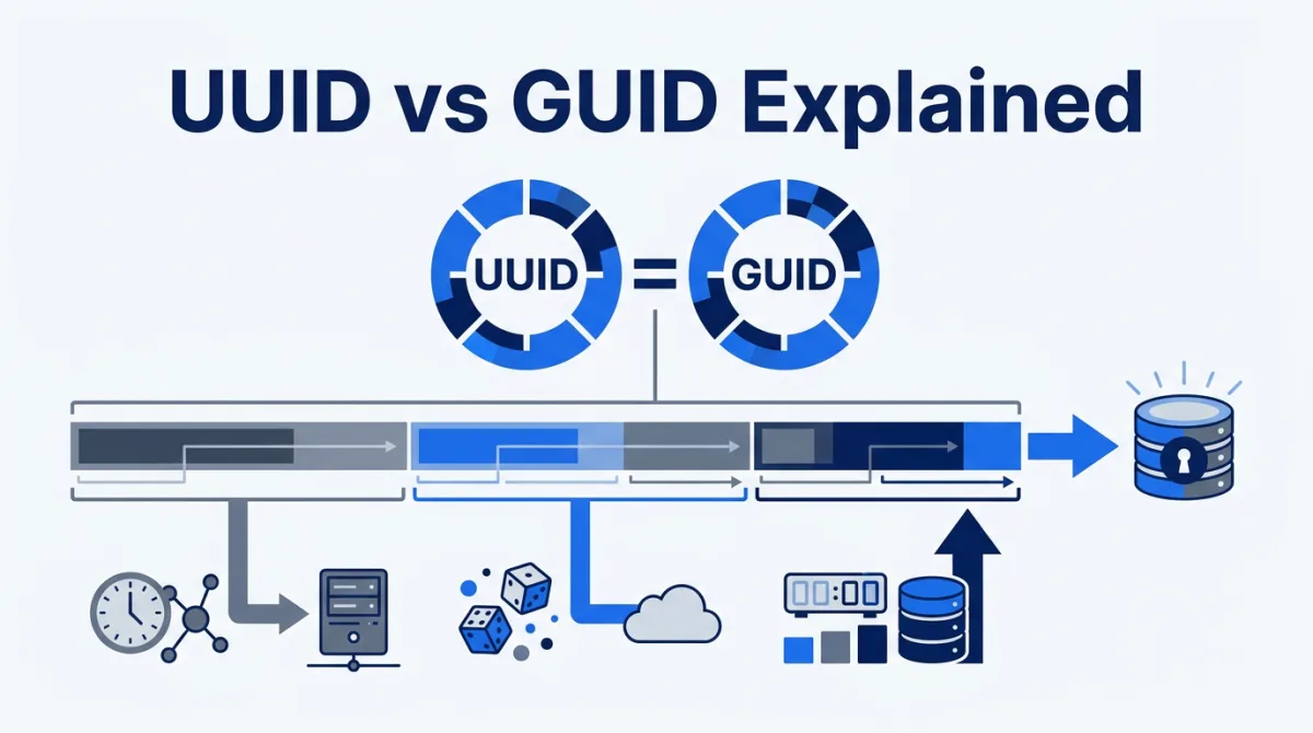 Illustration for this article: UUID vs GUID: the same 128-bit identifier under two names. A breakdown of the RFC 9562 bit layout, versions 1/4/7, and why v7 is rising for database keys.