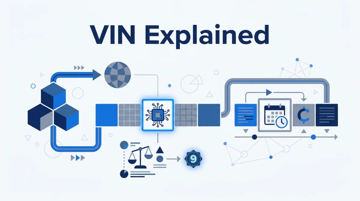 Illustration for this article: A position-by-position decode of the 17-character VIN per ISO 3779/3780: the WMI, the check-digit math with a worked example, and model-year letter codes.