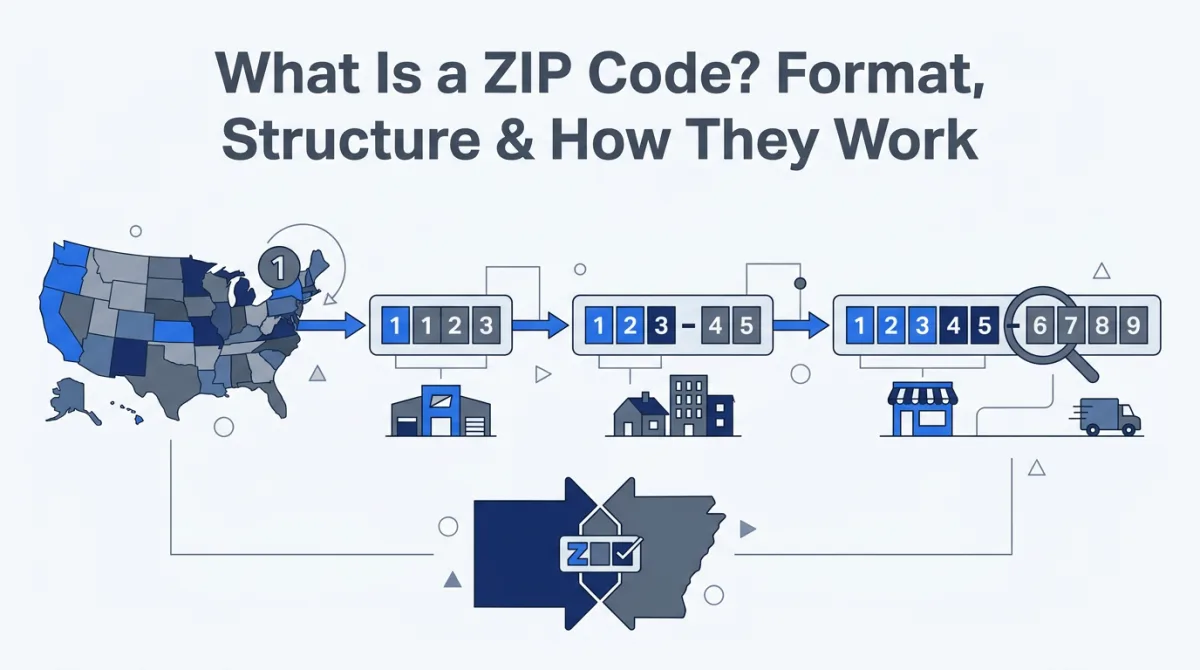 Illustration for this article: How a US ZIP code is built: the 5-digit national-area, SCF, and delivery structure, ZIP+4, first-digit region map, and why ZIP-to-state consistency matters.