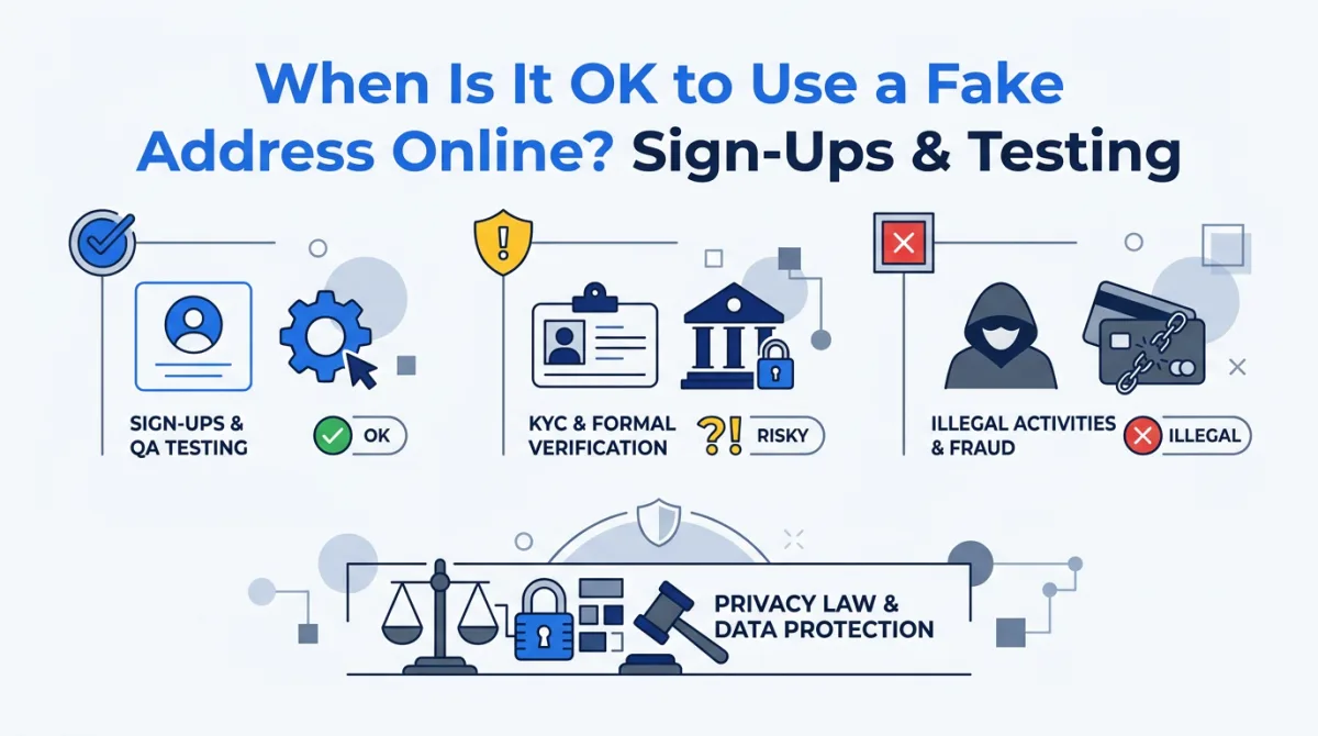 Illustration for this article: When you can use a fake address online: use-case tables marking sign-ups, QA testing, and KYC as OK, risky, or illegal, plus the privacy law behind it.