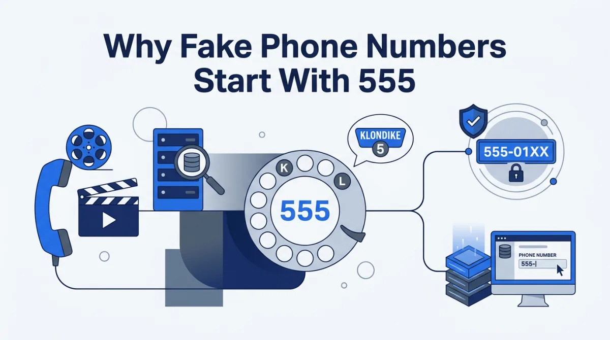 Illustration for this article: Why do movies and test data use 555 phone numbers? The history of the fictional 555-0100 to 555-0199 range, KLondike 5, and how to use it safely.